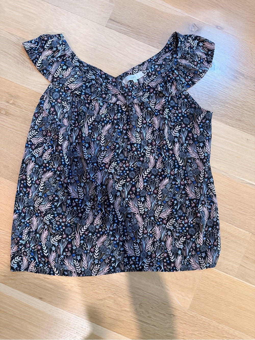 LOFT Black Floral Flutter Sleeve Camisole with Pink & Blue Accents